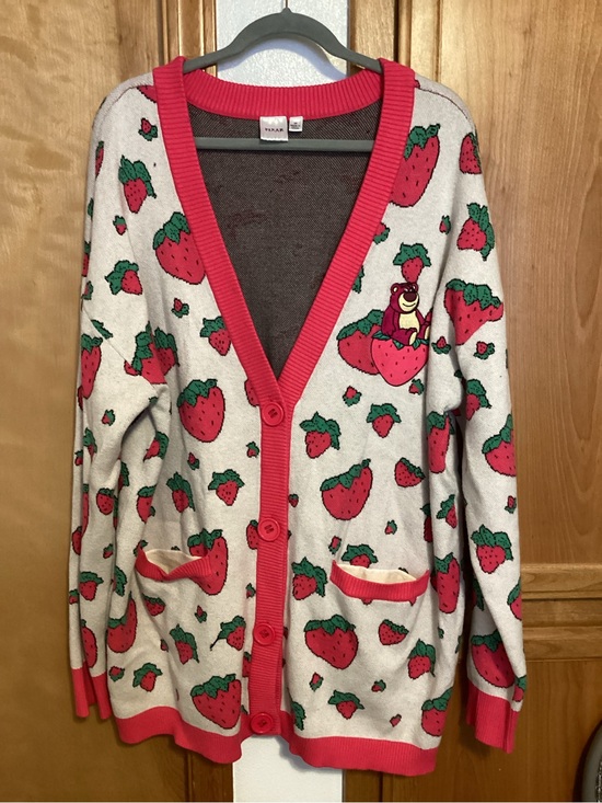 Pixar Sweaters - Pixar Cozy Lotso bear Strawberry Cardigan Sweater - Red/White, EUC, 3X